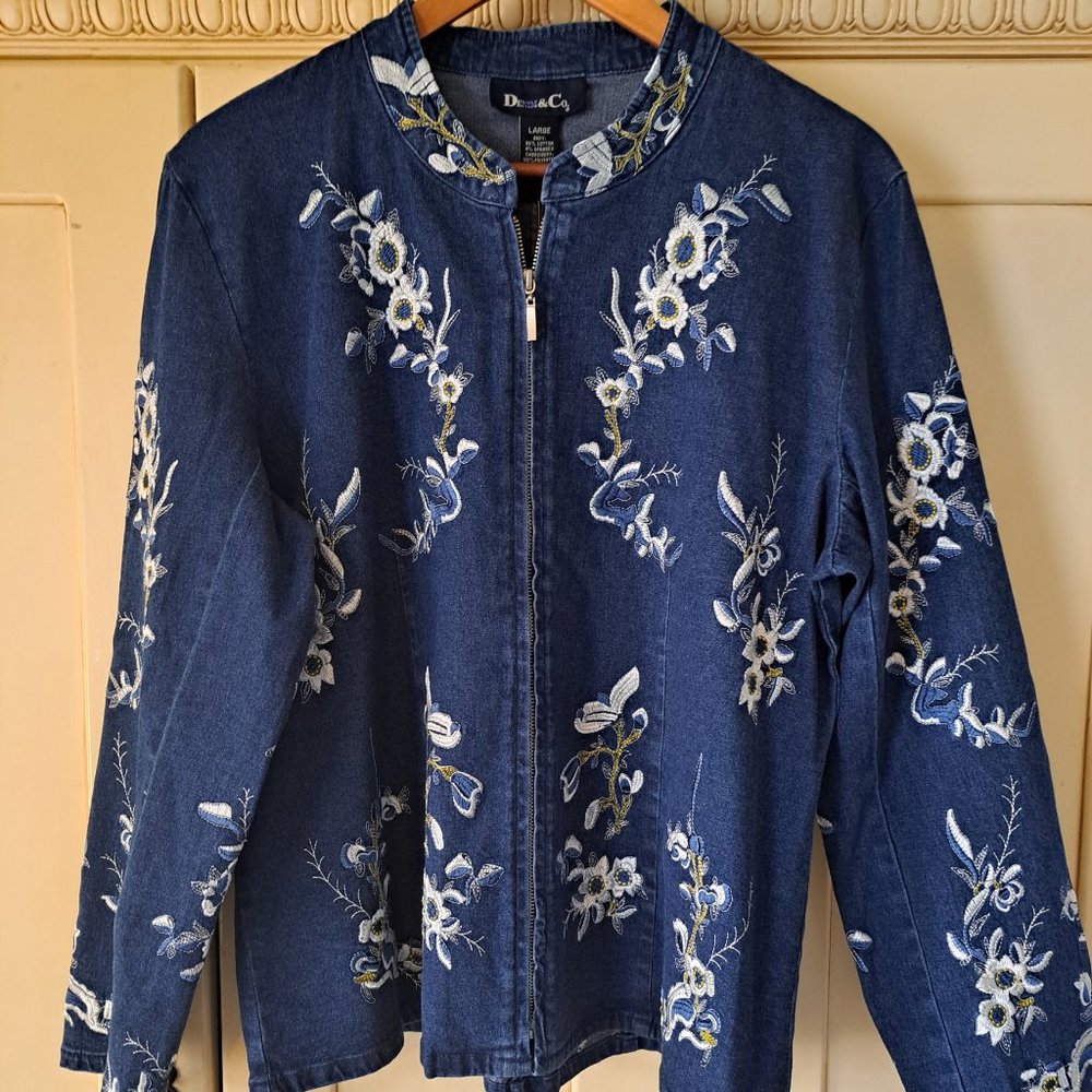 Denim and Co Women's Blue Floral Embroidered Zip Up Jacket NWT Sz Large